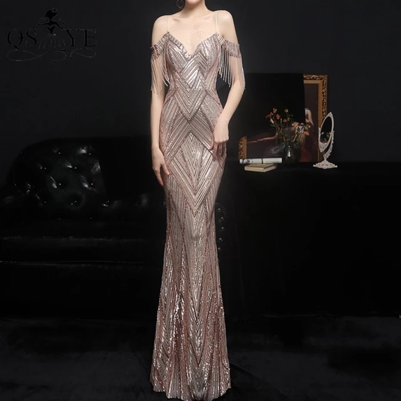 Tong Mei Da Dresses & Skirts - Rose-Gold Evening Dresses Side Sleeves Prom Gown Beadings Straps Party Dress NWT